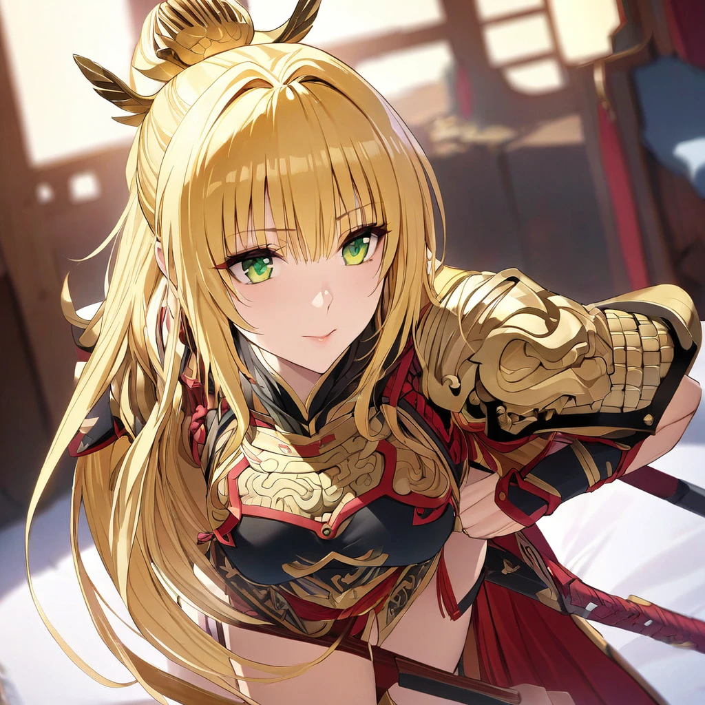 ((Highest quality)), ((masterpiece)), (detailed), (Perfect Face)、The woman is Tiare, with green eyes and medium-long blonde hair.、The woman is a warrior wearing beautiful Chinese armor.