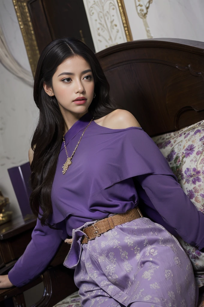 (realistic:1.4),(Masterpiece:1.2), (best quality:1.2),look at viewer,Dramatic angle,amazing gesture,(Cowboy Shot:1.2),
1 girl,(comfortable purple:1.4),(decorations),Show right shoulder
,