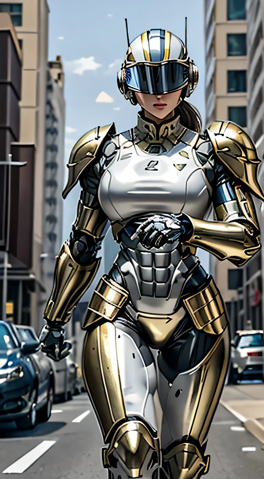 Female Robocop Solo、Bright outdoors、strong light source、8K, high quality, masterpiece, 最high quality, Crisp contrast、Very detailed、Full body armor、Very large armor、Helmet covering the head、Clear photos、His eyes are hidden by thin straight goggles:1.3、The lower half of the face is raw々Shii:1.5、The lower half of the face is exposed、Seductive lips、Light yellow metallic armor、White accent color、Armor that completely covers the chest、Long, slender legs、Vibrant Posselo Body View,Big and ample breasts:1.5, (Sports Body:1.5)、Five Fingers、Hold a handgun、In the city