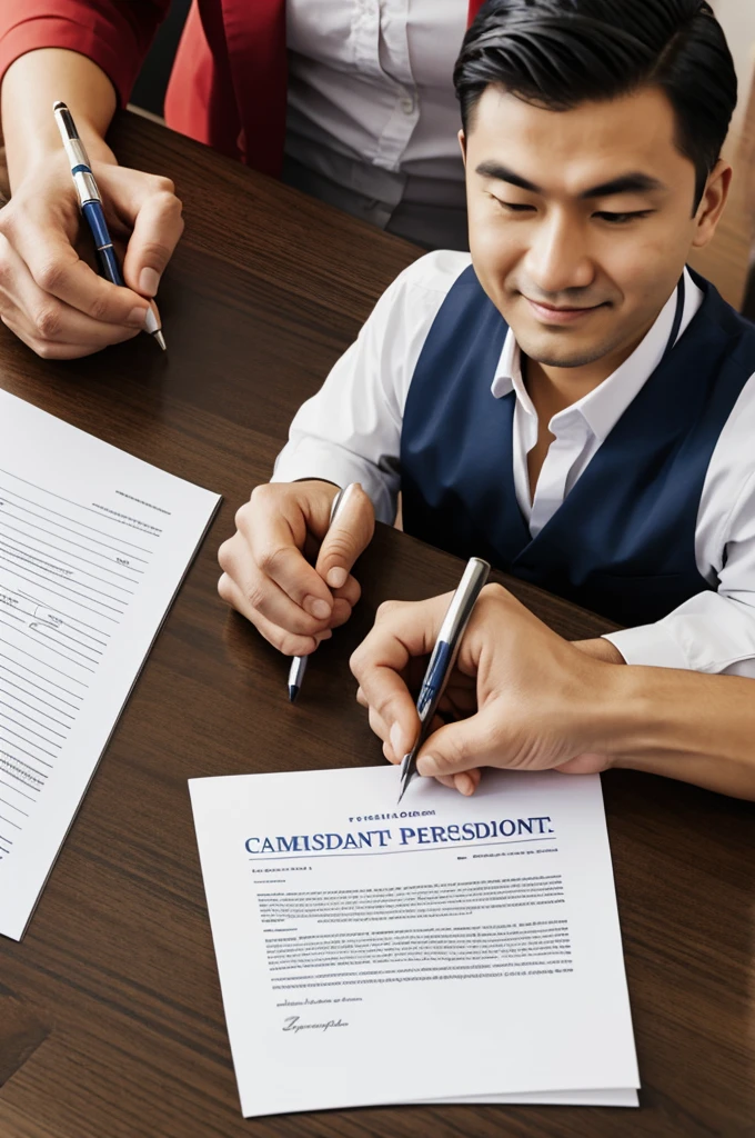 Create an image of a person who is a candidate for president, giving a document to another person who is sitting at a table and receiving the document, realistic image