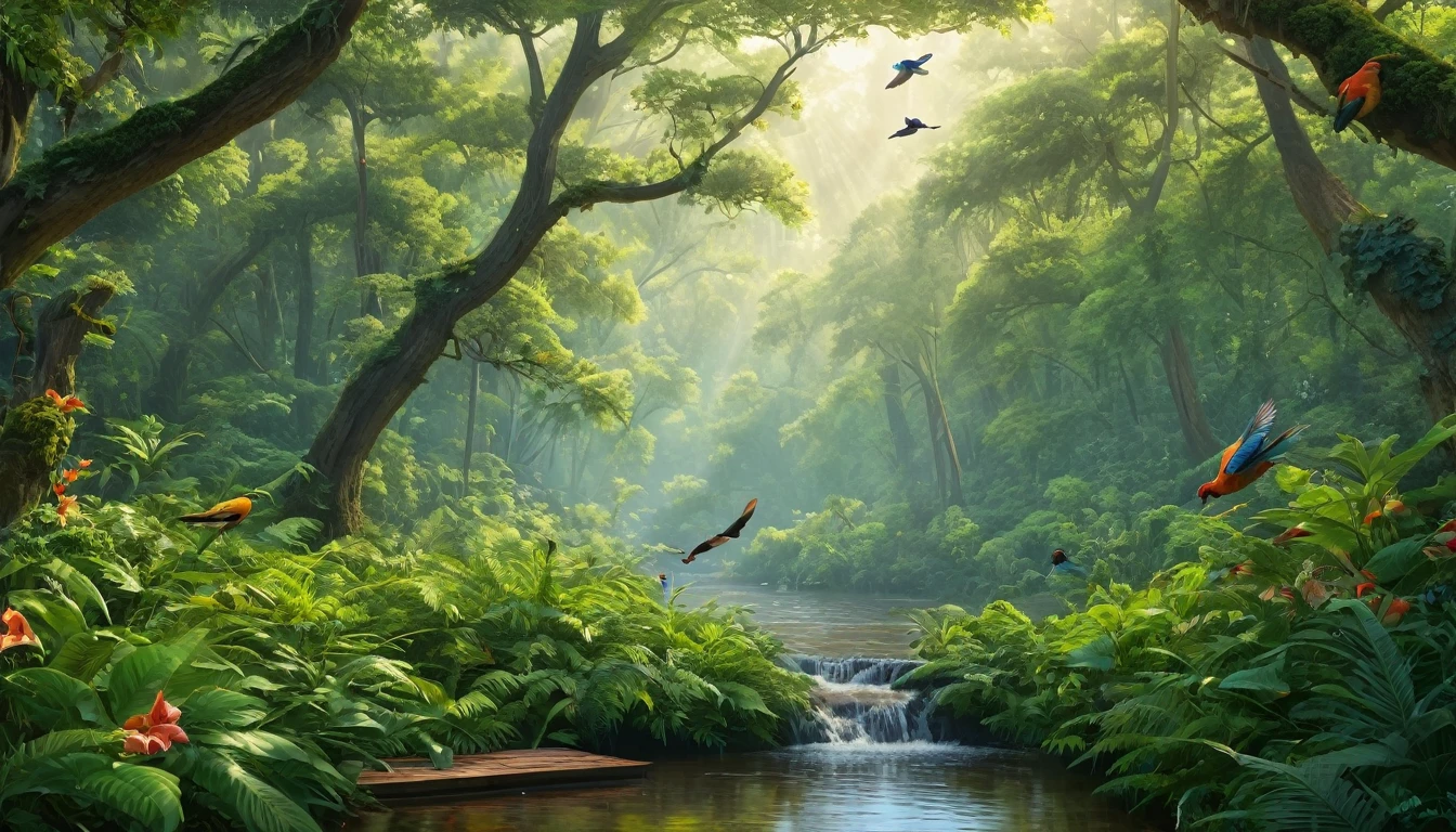 no humans, , masterpiece, highest quality,, detailed description,, relaxing, , photorealistic, surreal,  Forest view,Birds chirping