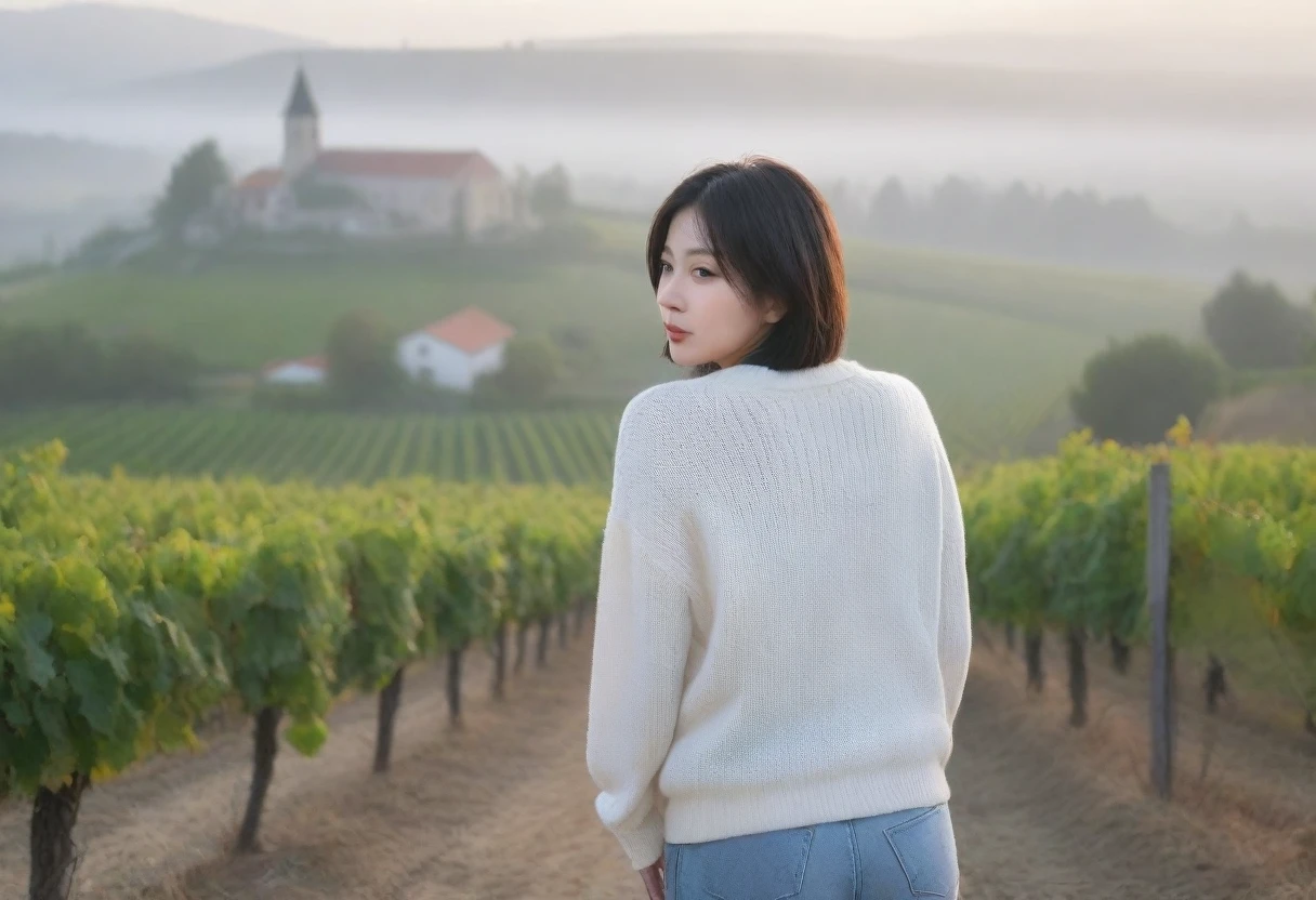 8k best picture quality, Beautiful 36-year-old Korean woman, Chest size 34 inches, The cathedral can be seen through the early morning fog past the vineyards in the Croatian countryside., The back background is realistic and vivid image quality, short and medium hair, Wearing a casual jumper and pants,Perfect and realistic photos, The background is realistic. Full body shot with Canon camera 16-35 wide angle lens, expressionless