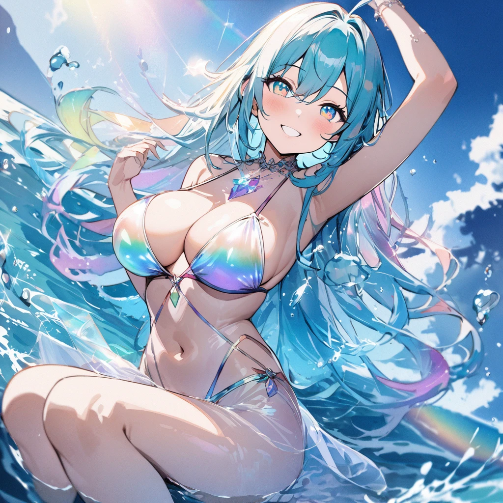 Top quality, masterpiece, watercolor style, female, Rainbow long hair,Rainbow Eyes, transparent feathers, Transparent tulle iridescent swimsuit that allows light to shine through, spectacular splashes of water, sea of ​​galaxies, sea of ​​stars,smile,1girl bikini ocean large breast Crystal-clear water 宇宙 of the Sea floor Turquoise waters