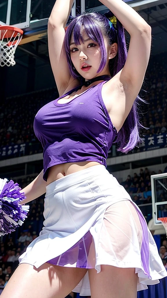 Cheerleader、Sheer tank top、Big Tits、Transparent nipples、Sheer skirt、basketball、stage、Purple Hair