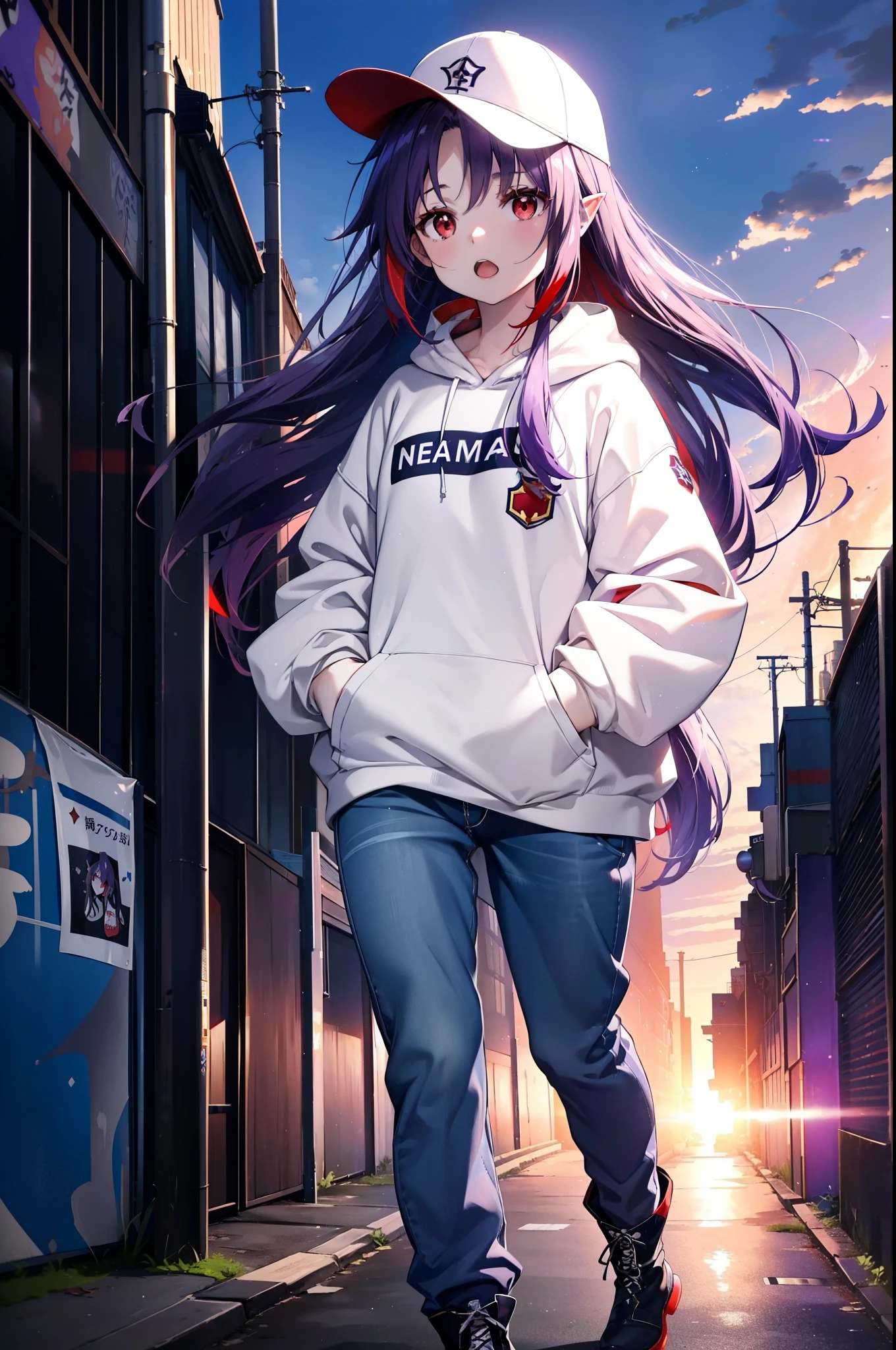 yuukikonno, Konno Yuuki,  Long Hair, Pointed Ears, Purple Hair, (Red eyes:1.5), (Small breasts:1.2), Open your mouth,Baseball hats,Oversized purple hoodie,jeans,Thick hem,boots,Walking,Graffiti wall,Daytime,Clear skies,Both hands are in the pockets of the hoodie、whole bodyがイラストに入るように,
break looking at viewer, whole body,
break outdoors, Alley,
break (masterpiece:1.2), Highest quality, High resolution, unity 8k wallpaper, (figure:0.8), (Beautiful attention to detail:1.6), Highly detailed face, Perfect lighting, Highly detailed CG, (Perfect hands, Perfect Anatomy),