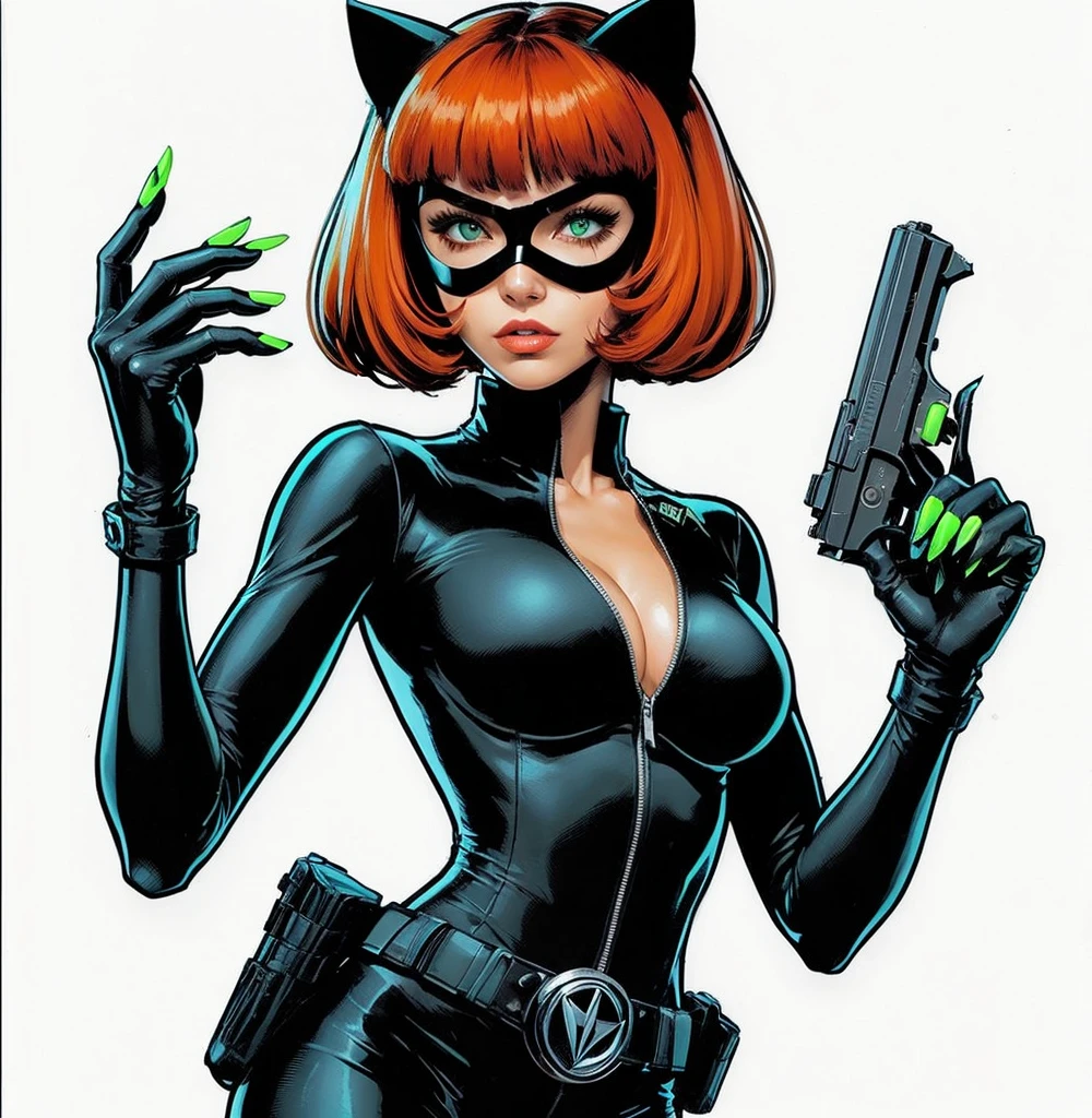 American classic comics: Agent woman, short reddish orange red hair with bangs, cat ears, tight black agent spy outfit, black hero mask, black tight leggings, neon turquoise green nails, martial arts, holding a revolver, secret espionage, black window outfit, feline nails, super secret agent, super hero classic comics.