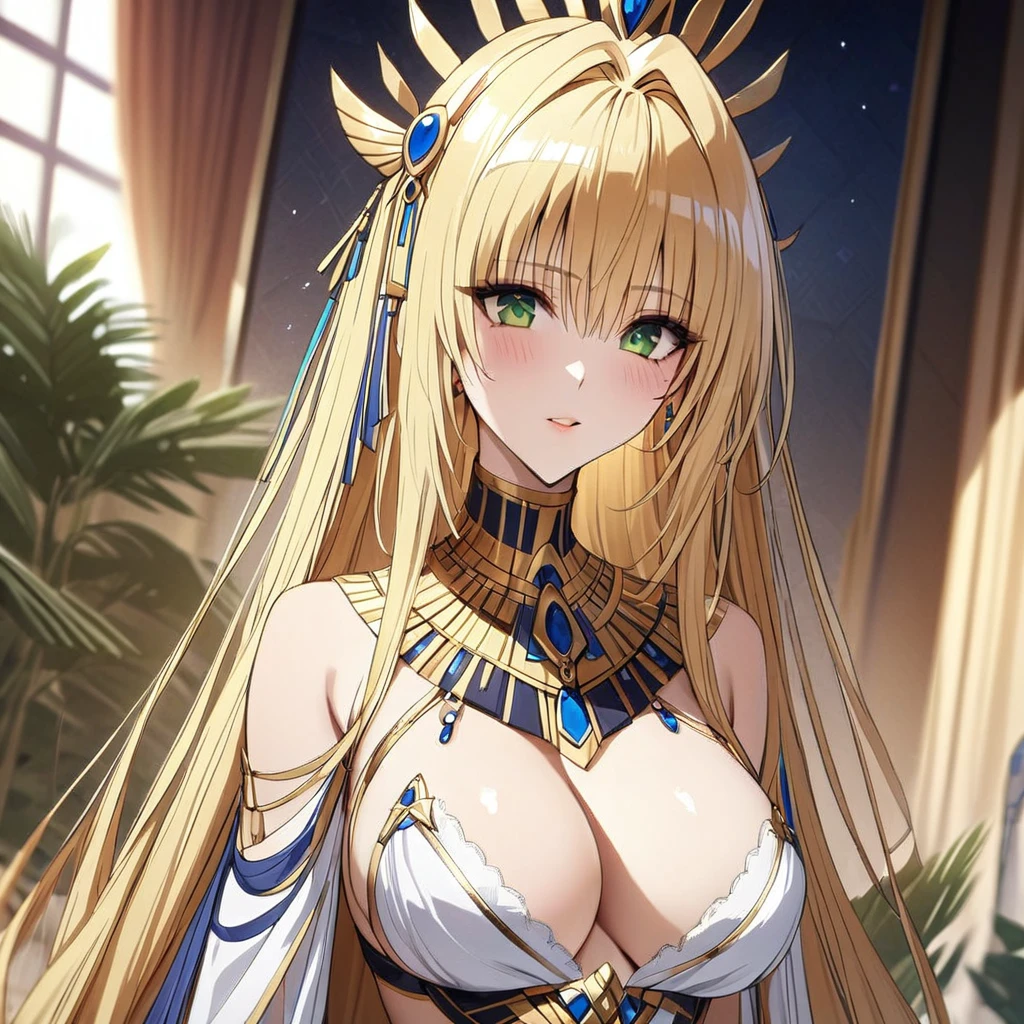 ((Highest quality)), ((masterpiece)), (detailed), （Perfect Face）、The woman is Tiare, with green eyes, medium-long blonde hair, and is wearing the luxurious costume of Egyptian royalty in the near future.