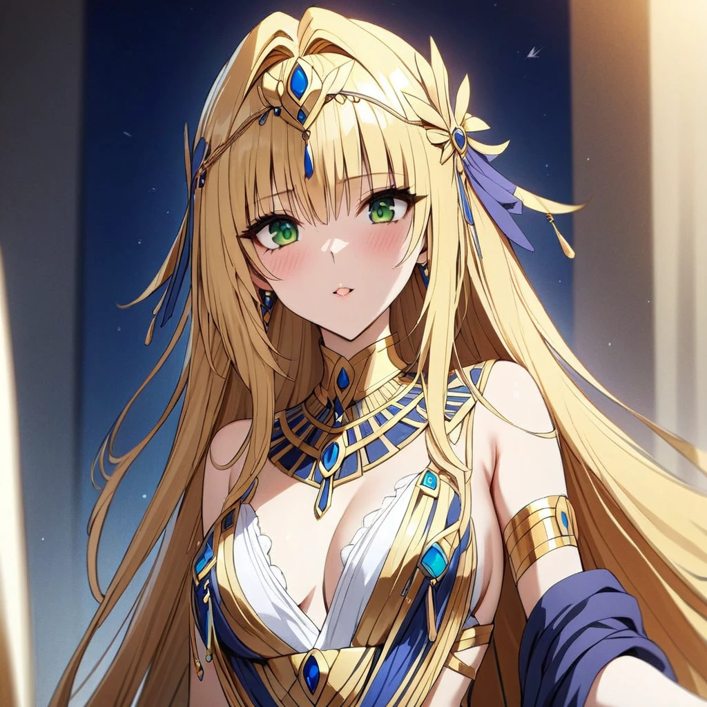 ((Highest quality)), ((masterpiece)), (detailed), （Perfect Face）、The woman is Tiare, with green eyes, medium-long blonde hair, and is wearing the luxurious costume of Egyptian royalty in the near future.