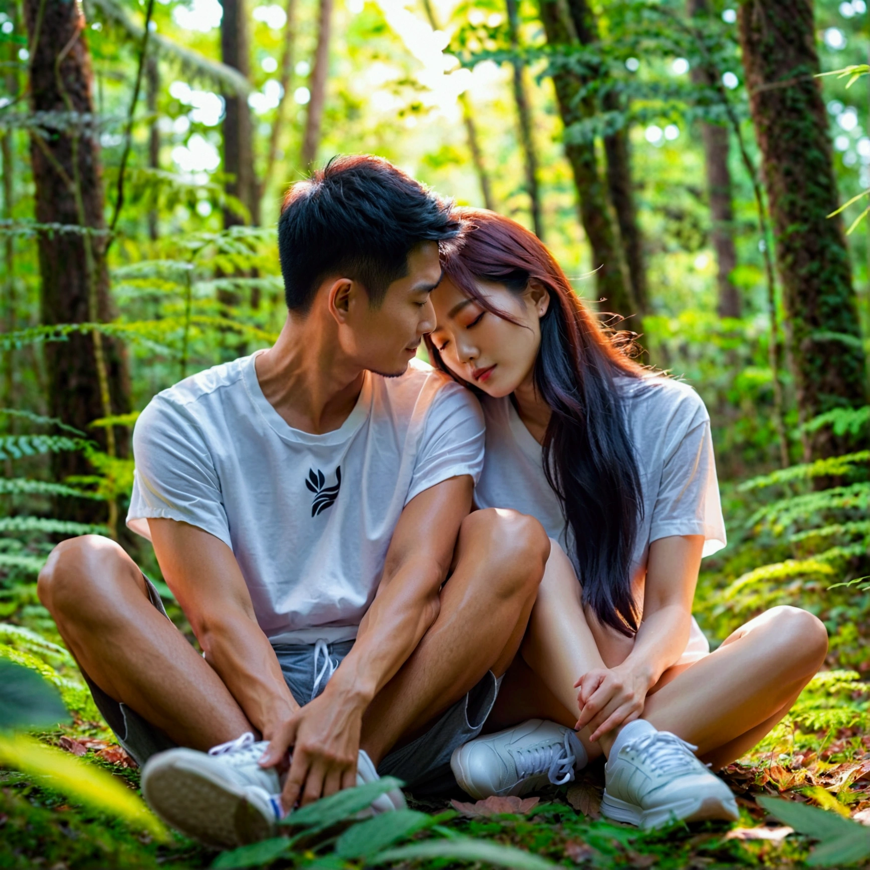 A couple from Korea sits squatting (open legs) in the middle of a lush forest. They wore casual clothes with white t-shirts and shorts, and white sports shoes. The man sits behind the woman, hugging her with his arms around her waist and shoulders, while the woman leans back with her head against the man's chest, with her eyes closed as if enjoying a quiet and intimate moment together. The forest background shows tall trees and dense green leaves, giving the image a natural and peaceful feel. Sunlight can be seen faintly penetrating between the leaves, creating a shady and comfortable atmosphere.