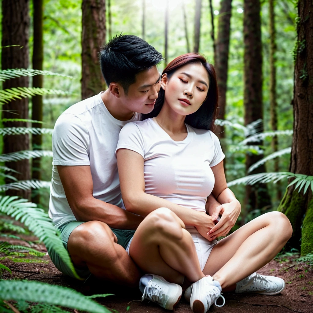 A couple from Korea sits squatting (open legs) in the middle of a lush forest. They wore casual clothes with white t-shirts and shorts, and white sports shoes. The man sits behind the woman, hugging her with his arms around her waist and shoulders, while the woman leans back with her head against the man's chest, with her eyes closed as if enjoying a quiet and intimate moment together. The forest background shows tall trees and dense green leaves, giving the image a natural and peaceful feel. Sunlight can be seen faintly penetrating between the leaves, creating a shady and comfortable atmosphere.