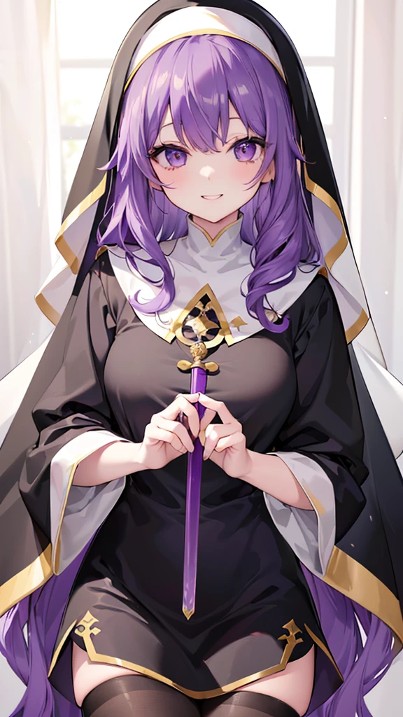 ((Highly detailed CG unit 8k wallpaper、masterpiece、High resolution、Highest quality))、Long Hair、Wavy Hair、Curly Hair、(Beautiful purple haired nun、Wearing a black veil:1.4、Wearing a black monastic uniform:1.4、Wearing black tights:1.4)、((Highly detailed face、Highly detailed black eyes、Both eyes are the same color:1.2、Highly detailed body、Highest qualityのリアルなテクスチャ スキン))、(Purple Hair、Long Hair、De Pere Blanca)、Wide-open eyes、Beautiful Eyes、double eyelid、Double eyelids、Beautiful nose、 (smile:1.2)、 (laughing:1.2)、A big smile、にっこりlaughing、 (The whole body is shown:1.2)、Adult women、２０generation、Active、Cheerful woman、