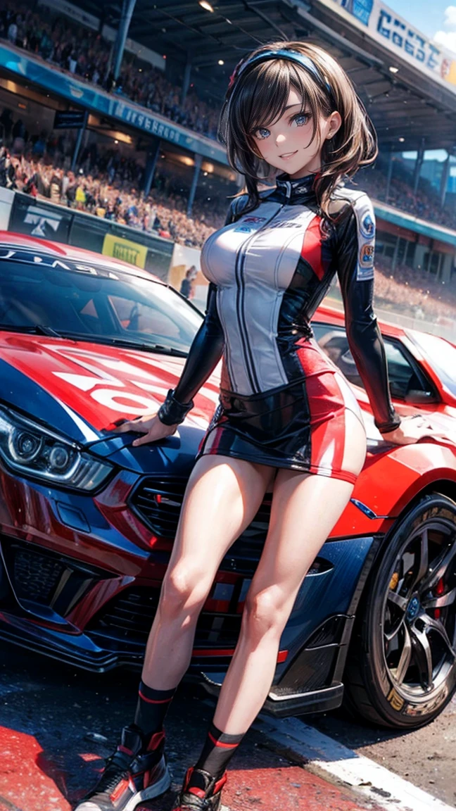 One Woman Race Queen Posing for the camera in front of a sports car High leg Low - Angle Cute smile