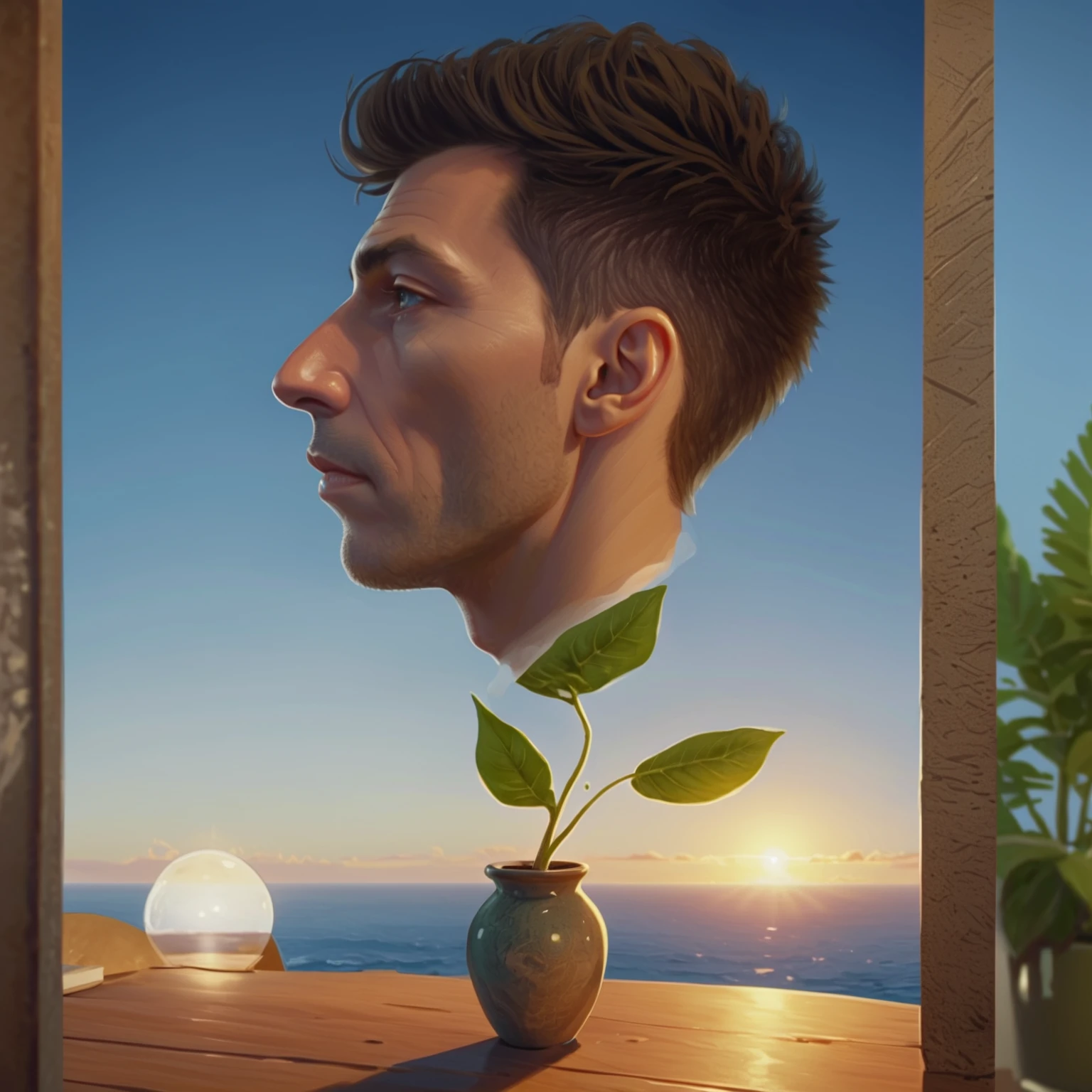 there is a man with a plant in a pot on a table, highly detailed vfx portrait, surrealism portrait, surreal portrait, stylized portrait, 3d portrait, surreal 3d rendering, highly detailed vfx portrait of, high-quality portrait, stylized portrait h 1280, 4k asymmetric portrait, surrealism 8k, soft portrait photographed in 8k, nft portrait