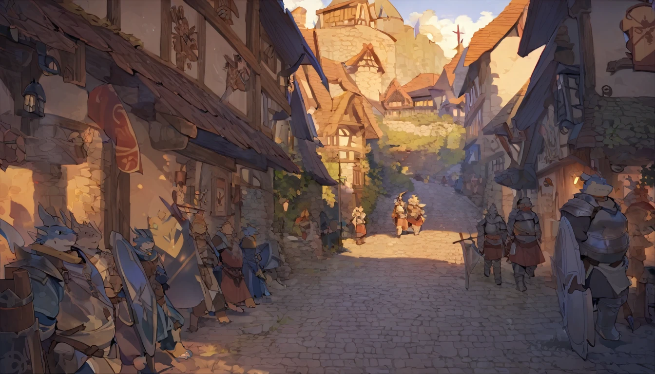 Dragon, male, furry anime,fat, chubby,main character,perfect body, detailed face,paladin,wearing Medieval adventure equipment ,A heavy greatsword on the back, Holding a large shield , medieval times, village,anthro,doujin,yaoi,fantasy world ,isekai, adventure,boukensha, masterpiece, Sinematic lighting,accurate, extremely detailed,artstation artwork,by quanjiang ,by @fansl_art 