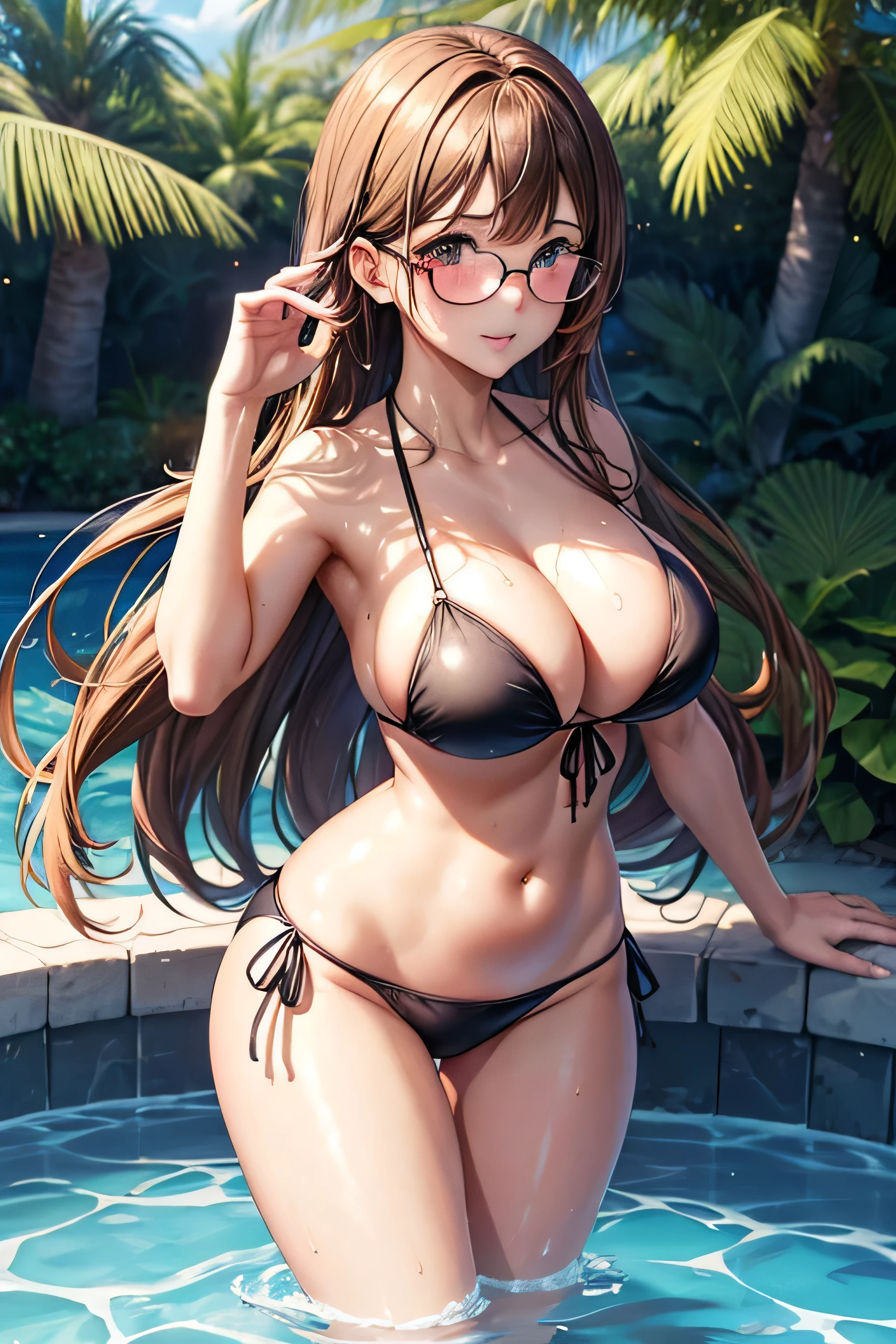 Anime art style,High resolution, high quality, One girl, Anime Girls, Close-up shot of busty girl in bikini from behind, Brown long hair, Brown eyes, Green glasses,heart shaped pupils,Sunburned skin, Super big breasts, HH-sized breasts,beautiful breasts,(Big Ass),beautiful ass,Embarrassed,sweat,wet,open legs, Skimpy bikini, Elegant face,love struck, Dynamic pose,By the pool,