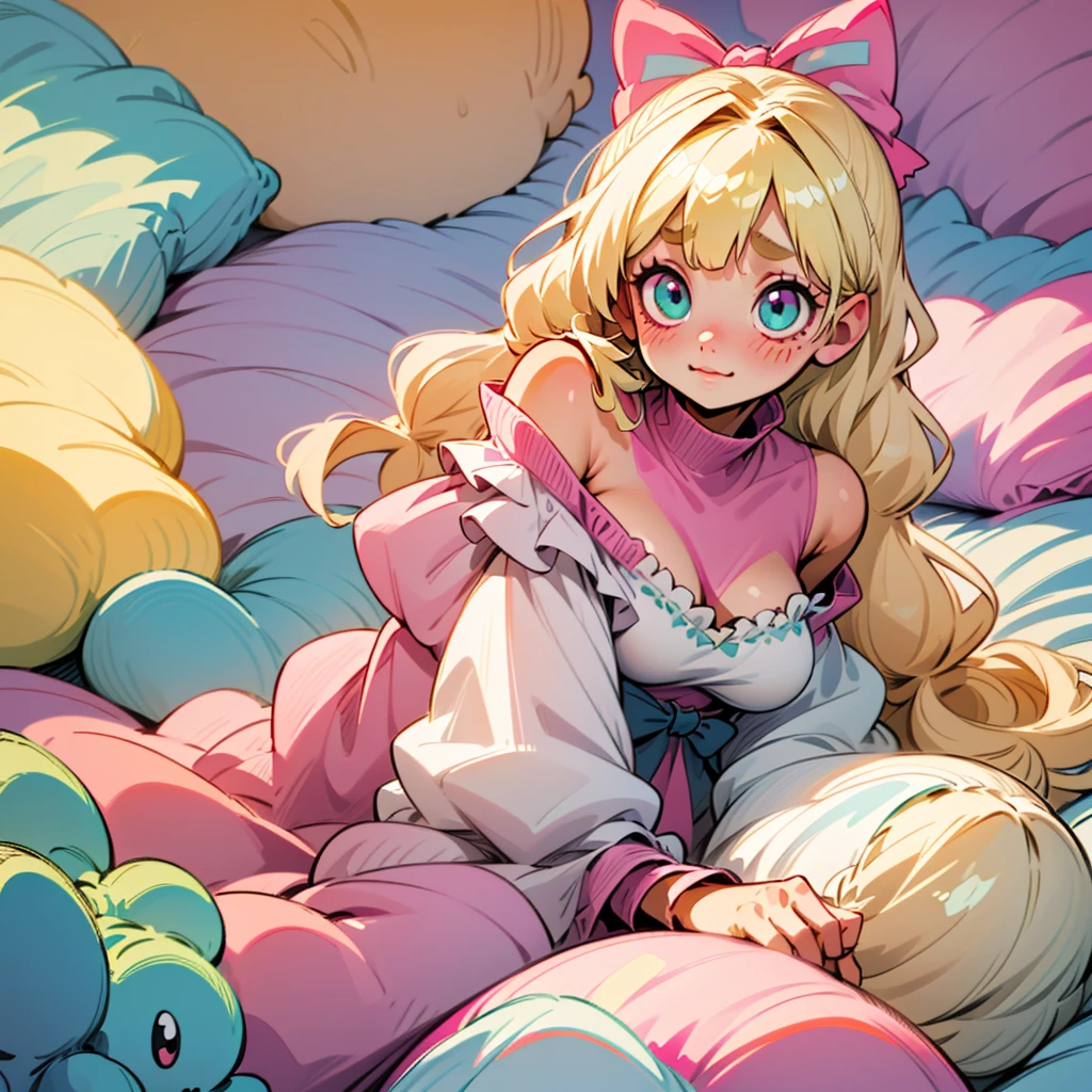 cute, happy, very long blonde hair, bangs, white bow in the back of hair, turquise eyes, big eyes, pink oversized off shoulder sweater, kawaii, comfy, white and pastel pink bedroom, lay down on bed, gamer, adorable, cuteness, shy, blush, closeup, cozy, comfy