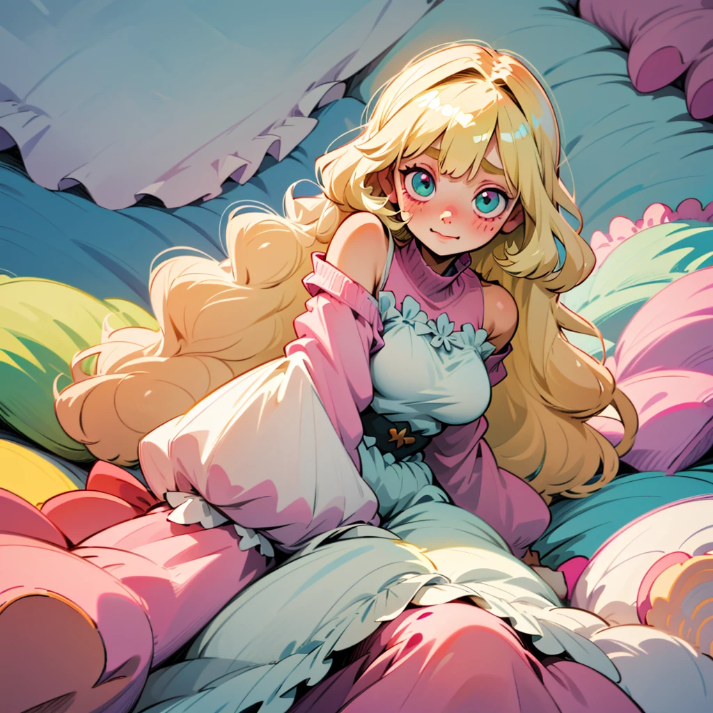 cute, happy, very long blonde hair, bangs, white bow in the back of hair, turquise eyes, big eyes, pink oversized off shoulder sweater, kawaii, comfy, white and pastel pink bedroom, lay down on bed, gamer, adorable, cuteness, shy, blush, closeup, cozy, comfy