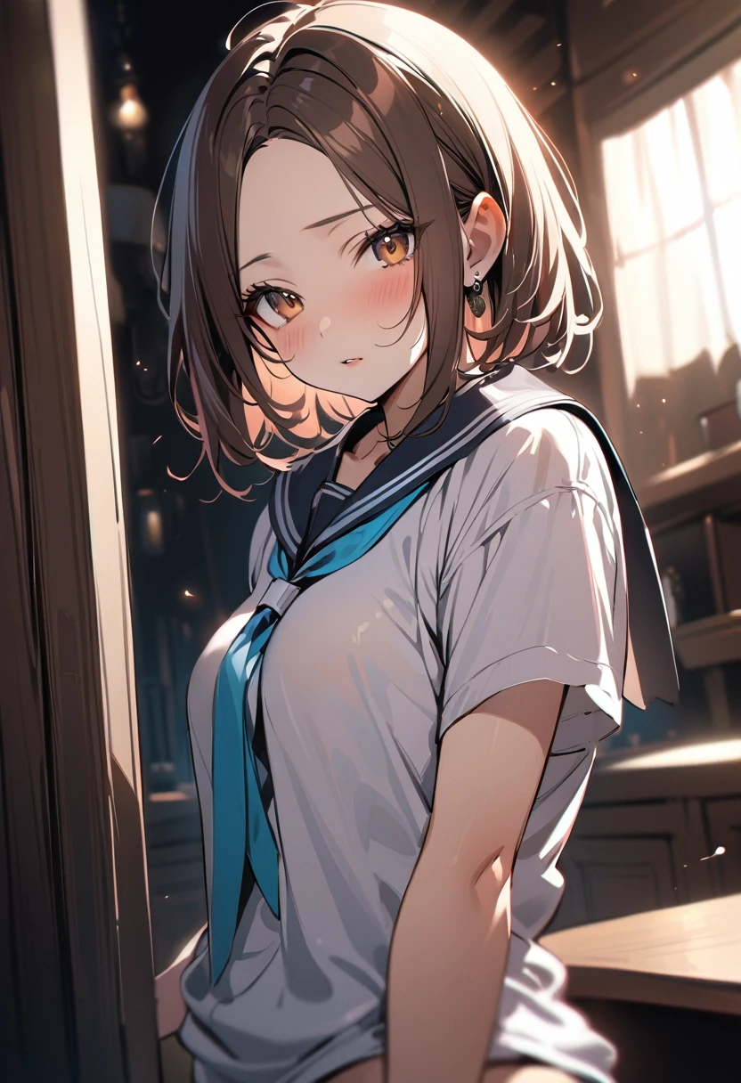 1 girl, bob, center part, forehead, brown hair, piercing, brown eyes, (blush:1.2)
BREAK (masterpiece), (high resolution 8K), cinematic lighting, professional lighting, detailed eyes and face, detailed body,
BREAK serafuku, half undress,
