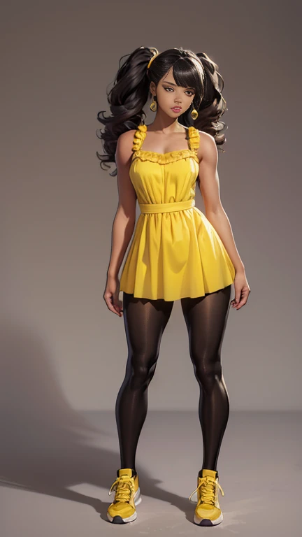 ((best quality)), ((4k)), ((highres)), ((masterpiece:1.2)). ((detailed)), ((ultra realistic)), ((intricate details)), ((full body picture)), ((character design sheet)), ((blank background)), ((standing in a blank background)), full body shot of a beautiful black female, ebony beauty, woman, 18 years old girl, dark brown skin, about 5'5 ft. tall, bushy long curly black hair, ((bushy long curly hair)), long hair, high pigtails, dressed in a yellow sleeveless doll dress, ((EMPHASIS ON HER YELLOW SLEEVELESS BABYDOLL DRESS)), black SHINY leggings PANTS and sneakers, fighting game character design, tekken character design, the king of fighters character concept art, character concept art, full body, 18 years old female fighter, girly girl, cute girl, girly fighter character concept art