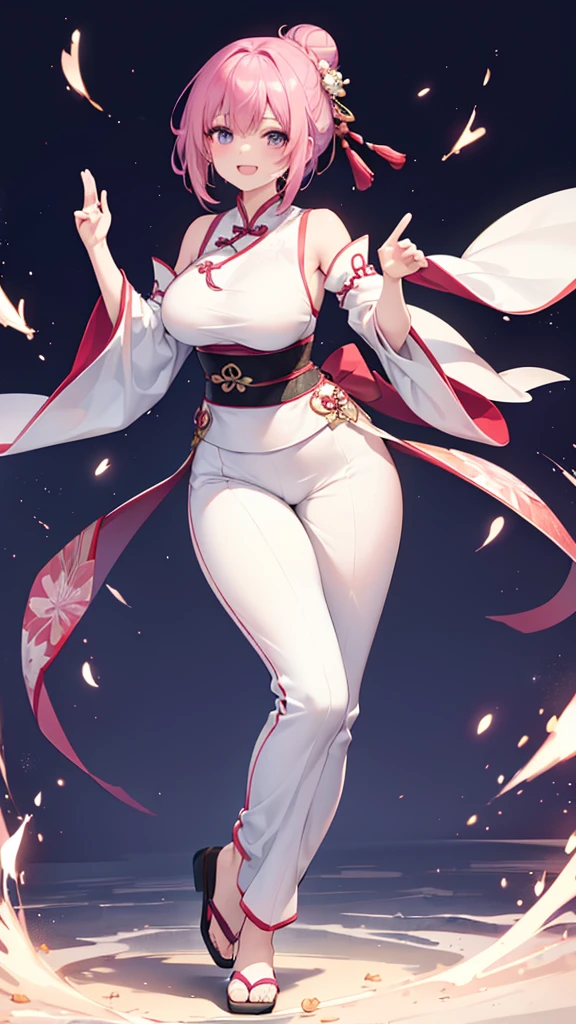 Beautiful women high quality、Super detailedな傑作、Top quality curvy women、Narrow waist、Beautiful woman face、Laughed、solo、Chinese clothes、Traditional clothing、whole body、Pink Hair、hair in big bun、martial arts、Action pose、(One Girl)、pants、Elbow gloveartial arts、Kung Fu、、Super detailed、Ultra HD、(smile:1.2)、 (laughing:1.2)、 (whole bodyが映っている:1.2)、short hair