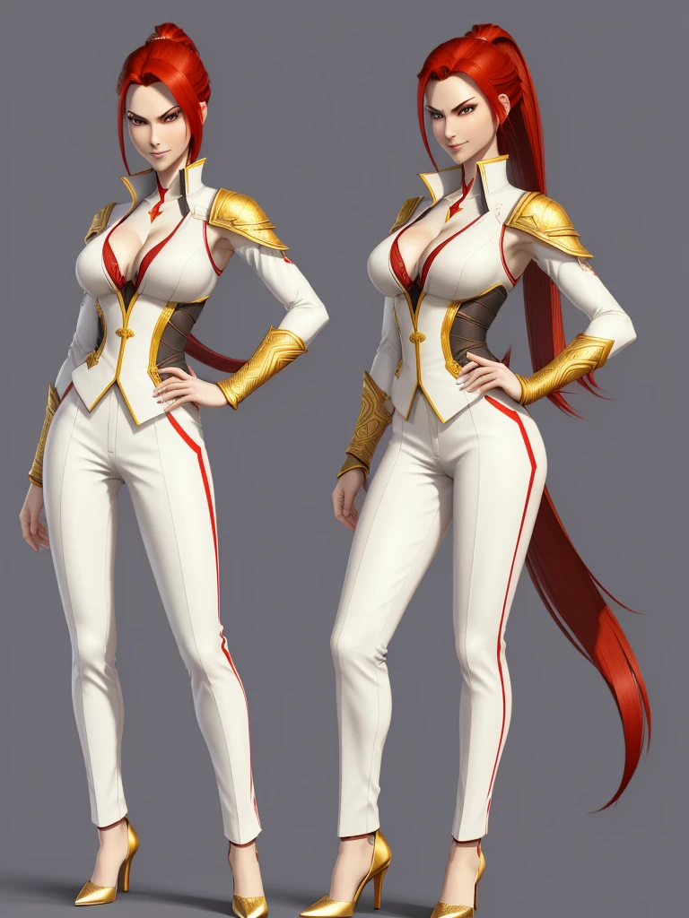 ((best quality)), ((4k)), ((highres)), ((masterpiece:1.2)). ((detailed)), ((ultra realistic)), ((intricate details)), ((full body picture)), ((character design sheet)), ((blank background)), ((standing in a blank background)), solo character, a full body shot of a sexy pale female, inhuman pale skin, pasty white skin, ((vampire pale skin))), ((ghostly pale skin like kratos from god of war)), redhead, ((vivid red hair)), SLEEK braided low ponytail, ((SLEEK braided low ponytail)), thin braid, slicked back hair, sexy and dangerous, evil smile on her face, ((evil smile)), about 30 years old, about 6'0 ft tall, athletic frame, character concept art, female executive, white blazer suit, white dress pants, work pants, white outfit with black details and gold adornments, ((predominantly white outfit)), ((showing cleavage)), gold office heels, ((GOLD HEELS)), fighting game character concept art, tekken character design, the king of fighters character concept