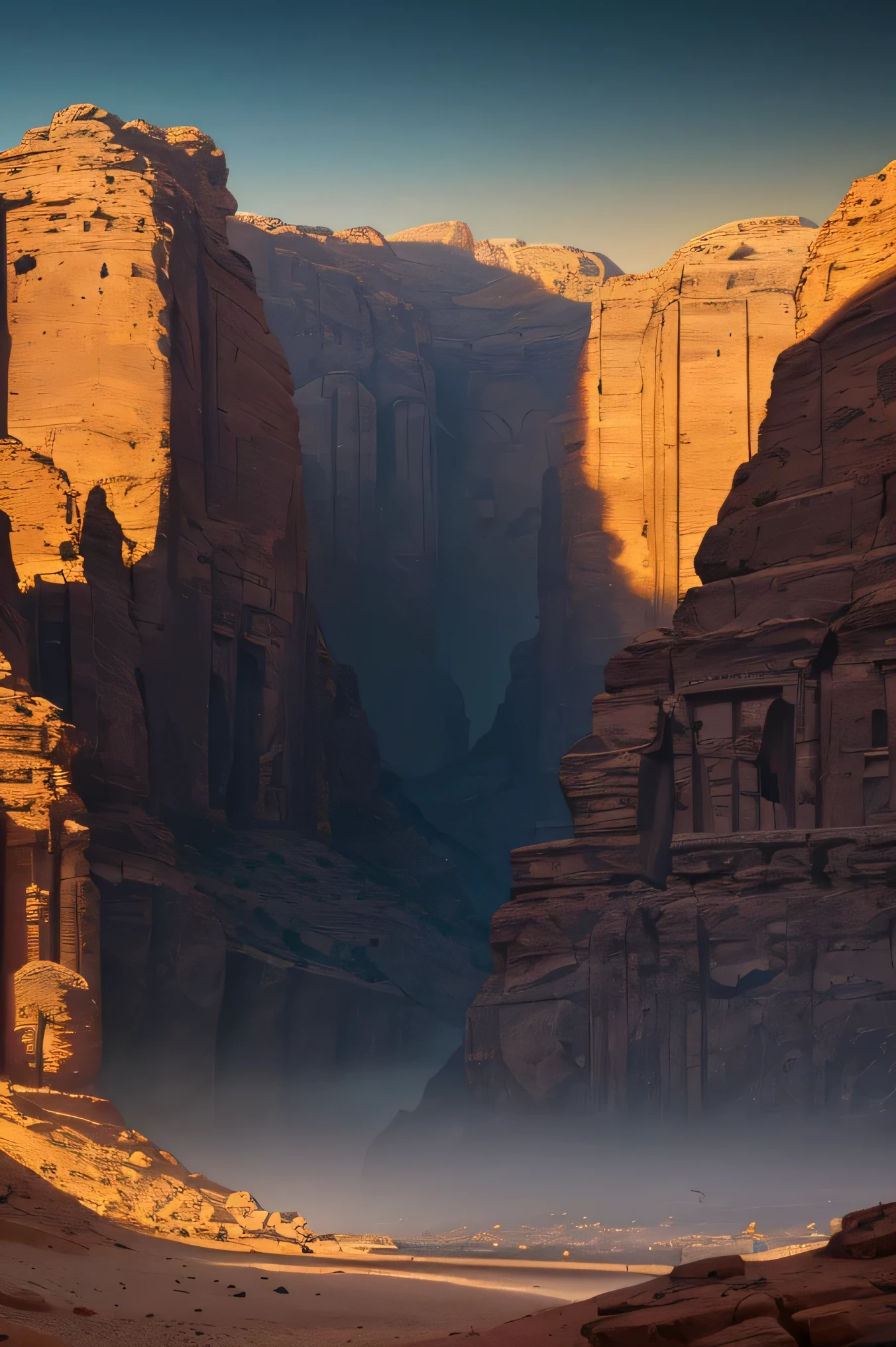 RAW photo, (masterpiece:1.3), subsurface scattering, heavy shadow, (high quality:1.4), (intricate, high detail:1.2), professional photography, HDR, High Dynamic Range, realistic, ultra realistic, photorealistic, high resolution, film photography, ambient lighting, atmospheric effects, masterpiece, view of the Al Khazneh of Petra between the cliffs, sand in the air, wind, shadows. Epic cinematic brilliant stunning intricate meticulously detailed dramatic atmospheric maximalist digital matte painting