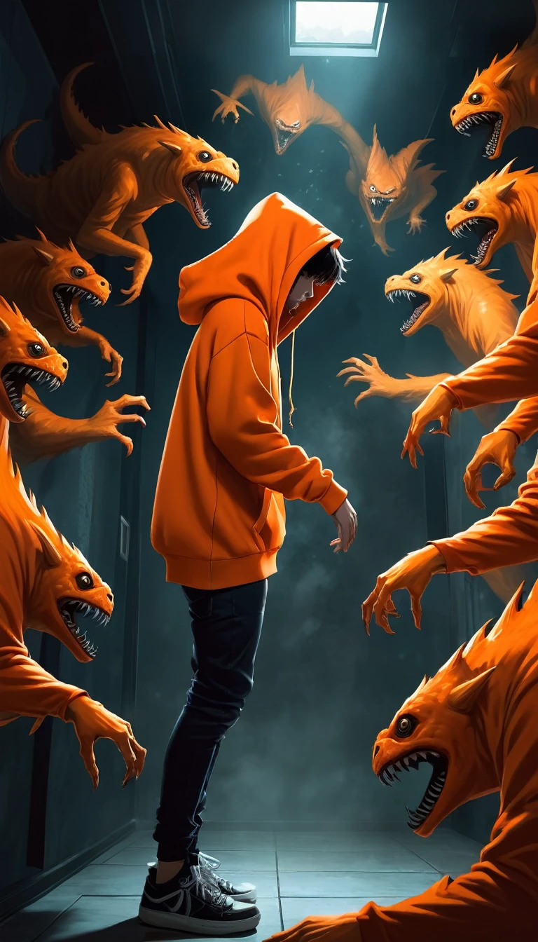 side view, in mid-air falling down, centered, wearing orange hoodie, digital illustration, lateral view. walls full of monsters, monsters strechi their hands, fantasy horror art, dim light