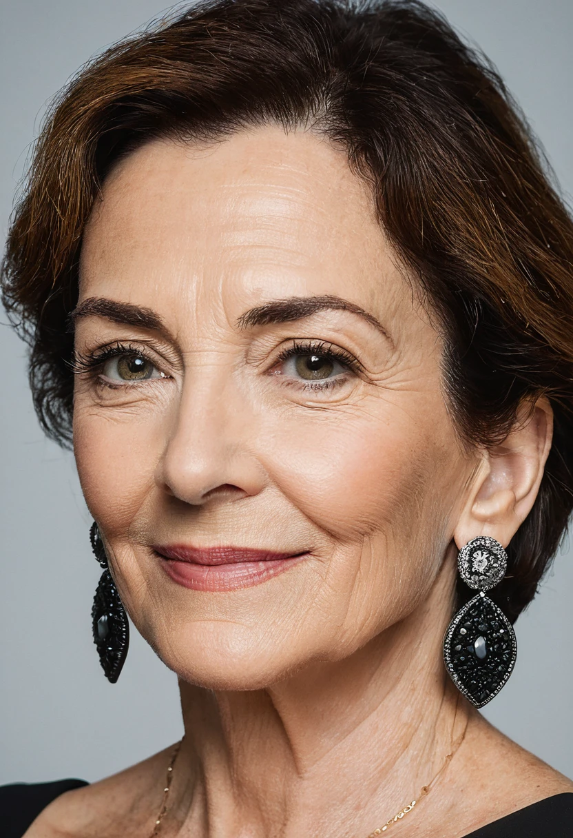 There is a woman in a black dress and earrings posing for a photo, taken at the beginning of 2020, Geri Keary, inspirado em Myra Landau, 8K portrait photo, she is about 6 0 years old, profile image, headshot portrait, ela tem cerca de 50 anos, olivia de bernardinis, profile picture with headshot, mature facial features