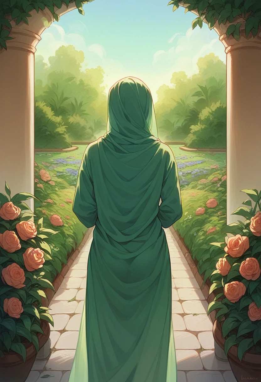 Girl, beautiful, veiled, Muslim, wearing a long dress, long sleeves, open, purple, behind a green garden and flowers 