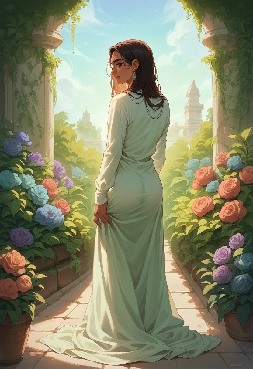 Girl, beautiful, veiled, Muslim, wearing a long dress, long sleeves, open, purple, behind a green garden and flowers