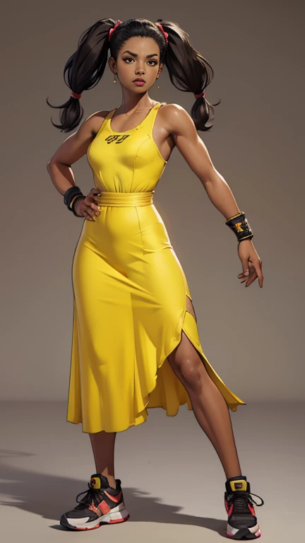 ((best quality)), ((4k)), ((highres)), ((masterpiece:1.2)). ((detailed)), ((ultra realistic)), ((intricate details)), ((full body picture)), ((character design sheet)), ((blank background)), ((standing in a blank background)), full body shot of a beautiful black female, ebony beauty, woman, 18 years old girl, dark brown skin, about 5'5 ft. tall, bushy black hair, high pigtails, dressed in a yellow babydoll dress, black leggings and sneakers, fighting game character design, tekken character design, the king of fighters character concept art, character concept art, full body, 18 years old female fighter