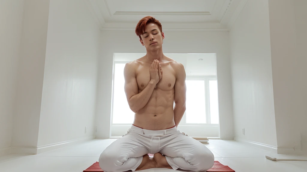 man with short and straight red hair, in a meditation pose with closed eyes and hands in prayer, wearing white pants and no shirt, showing defined abdominal muscles. The image should depict the entire body realistically in a meditation position within a completely white temple setting, featuring white flooring, white stone walls, a white ceiling, and white columns.
