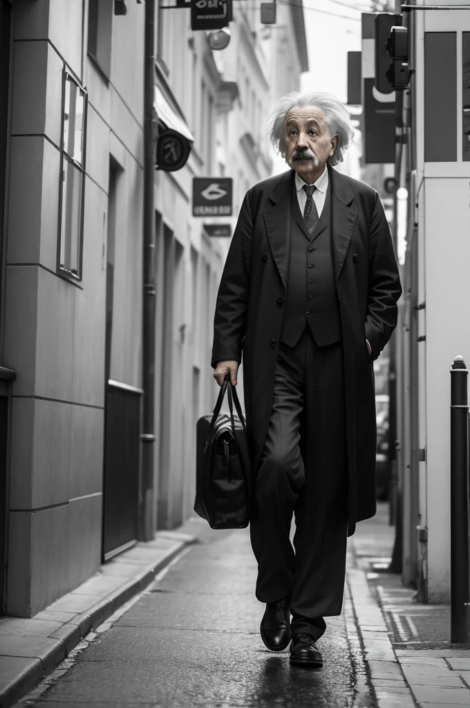 
Einstein walking down the street: A recognizable image of Albert Einstein walking down a street