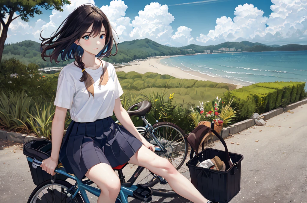 (masterpiece:1.2),best quality,Pixif,
bluth,bike,1 Girl,Ground Vehicles,1 boy,outdoor,bike basket,Sky,cloud,shirt,skirt,Multiple riders,ocean,white shirt,sky,horizon,Black Hair,Depth of Field,Wind view,vague,Long hair,,blue Sky,Short sleeve,riding,shoe,dappled Sunlight,sock,HILL,Sunlight,Flowing hair,pleated skirt,Tree,Six-winged sky,Knee-length,water,short hair,road,basket,In the shade,夏sky,Grass,wind,plant,sit,Women&#39;s shirt,Pants,
