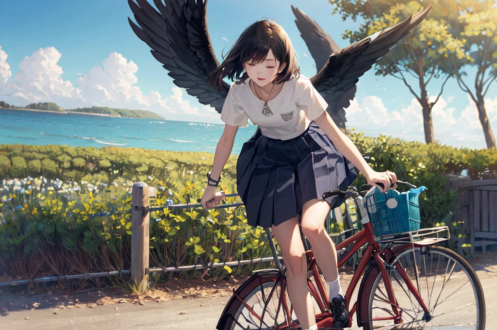 (masterpiece:1.2),best quality,Pixif,
bluth,bike,1 Girl,Ground Vehicles,1 boy,outdoor,bike basket,Sky,cloud,shirt,skirt,Multiple riders,ocean,white shirt,sky,horizon,Black Hair,Depth of Field,Wind view,vague,Long hair,,blue Sky,Short sleeve,riding,shoe,dappled Sunlight,sock,HILL,Sunlight,Flowing hair,pleated skirt,Tree,Six-winged sky,Knee-length,water,short hair,road,basket,In the shade,夏sky,Grass,wind,plant,sit,Women&#39;s shirt,Pants,
