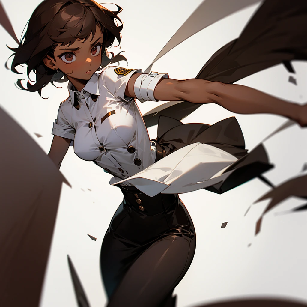 Brown skinned girl with medium dark brown hair and a black dress shirt with white buttons and Bandages on your arms 
