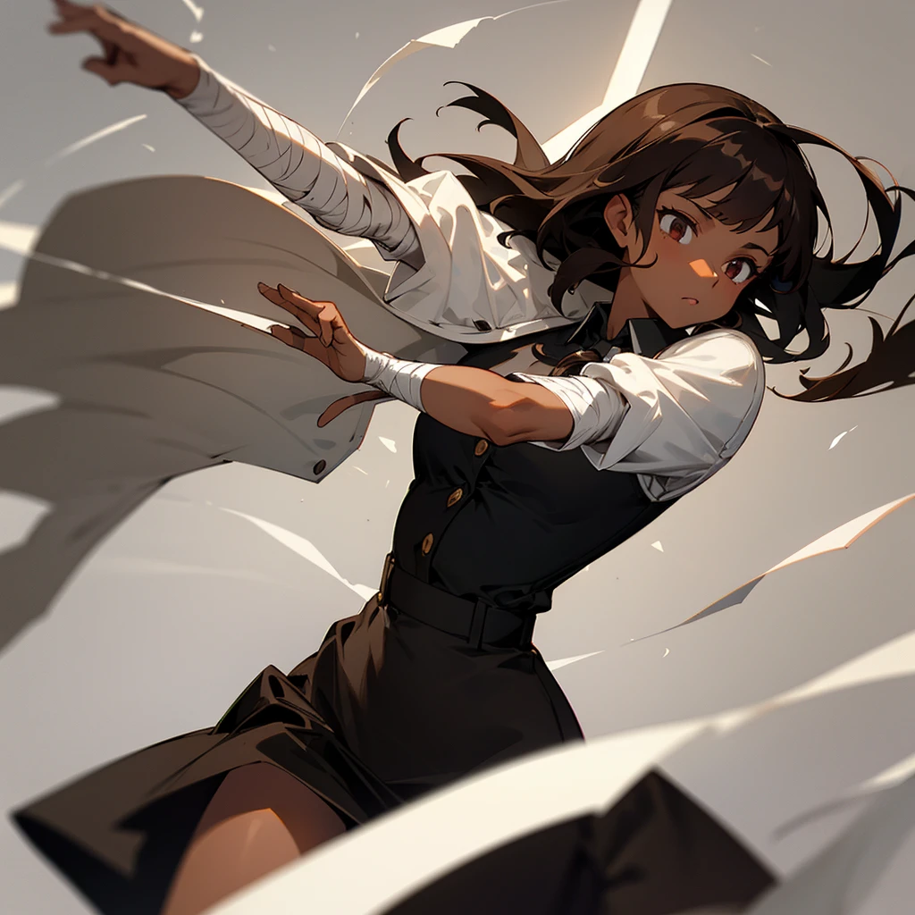 Brown skinned girl with medium dark brown hair and a black dress shirt with white buttons and Bandages on your arms