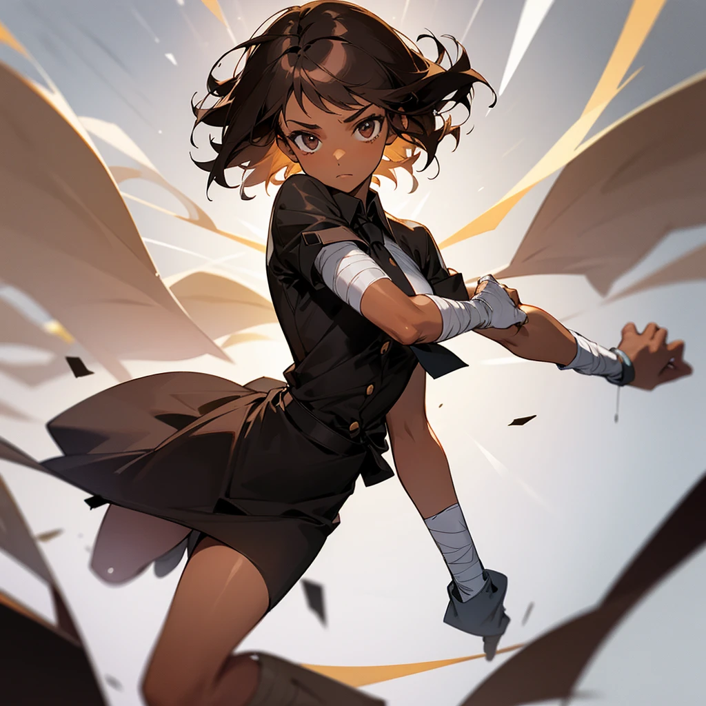Brown skinned girl with medium dark brown hair and a black dress shirt with white buttons and Bandages on your arms