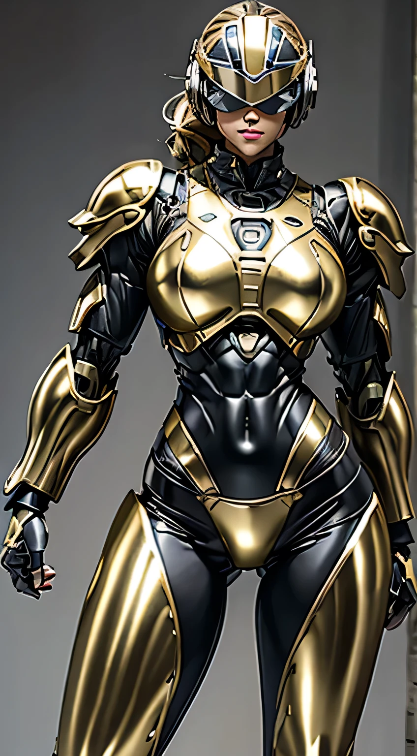 Female Robocop Solo、Bright outdoors、strong light source、8K, high quality, masterpiece, 最high quality, Crisp contrast、Very detailed、Full body armor、Very large armor、Helmet covering the head、Clear photos、The eyes are hidden by thin, translucent straight goggles.:1.3、The lower half of the face is raw々Shii:1.5、The lower half of the face is exposed、Seductive lips、Light yellow metallic armor、Black accent color、Armor that completely covers the chest、Long, slender legs、Vibrant Posselo Body View,Big and ample :1.5, (Sports Body:1.5)、Five Fingers、Hold a handgun、In the city