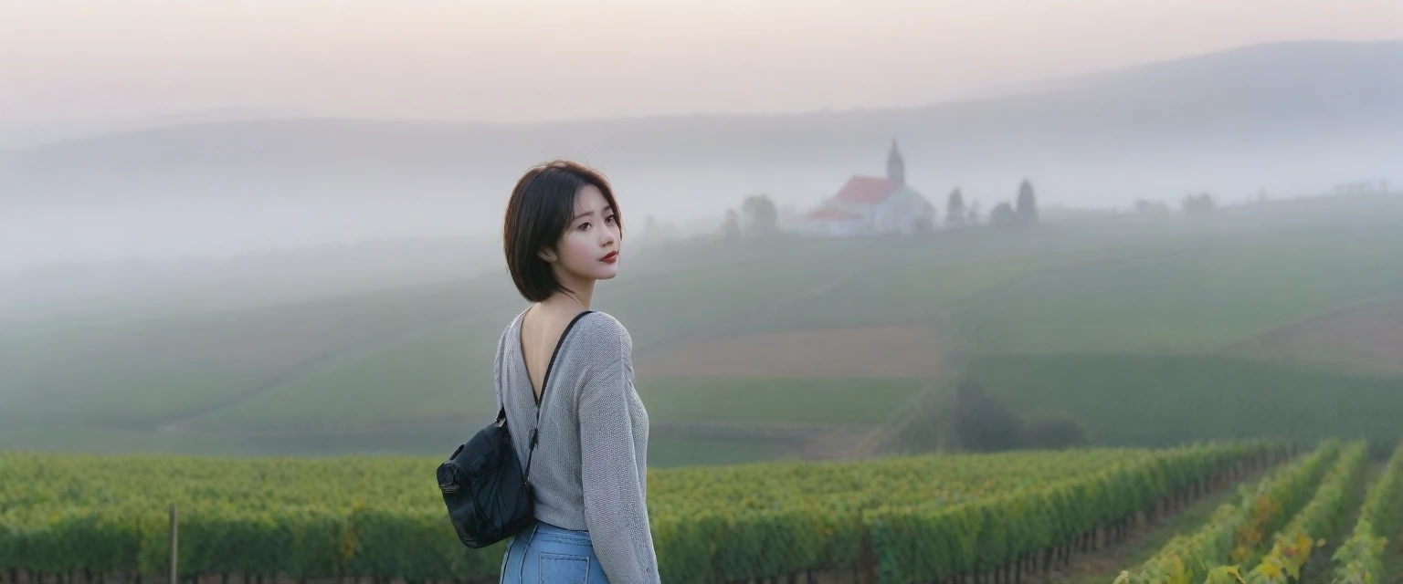 8k best picture quality, Beautiful 36-year-old Korean woman, Chest size 34 inches, The cathedral can be seen through the early morning fog past the vineyards in the Croatian countryside., The back background is realistic and vivid image quality, short and medium hair, Wearing casual outdoor clothes and pants,Perfect and realistic photos, The background is realistic. Full body shot with Canon camera 16-35 wide angle lens, expressionless, There was a thick fog.