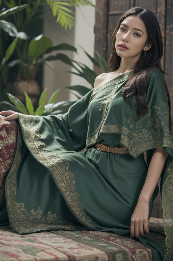 (realistic:1.4),(Masterpiece:1.2), (best quality:1.2),look at viewer,Dramatic angle,amazing gesture,(Cowboy Shot:1.1),
1 girl,(comfortable green:1.4),(decorations),Show right shoulder
,