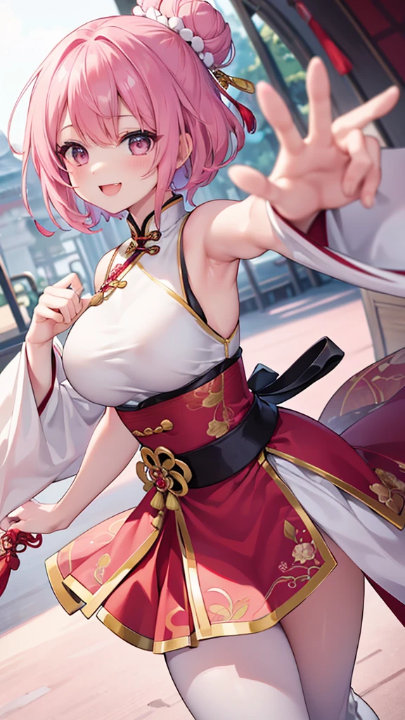 (( One Girl)), (Browsing Caution)、blush,Pink Hair、((Wavy Hair、Short Hair))、Swollen nipples、Orange eyes、(((Red Ao Dai))) ,Ahoge、on stage、Flat Chest、Big Ass、((Thick thighs))、Sweat、((:D))、surprised、(Straight hair)、Spread your legs、(White shoulder rest)、Gold decoration、Blue Crystal