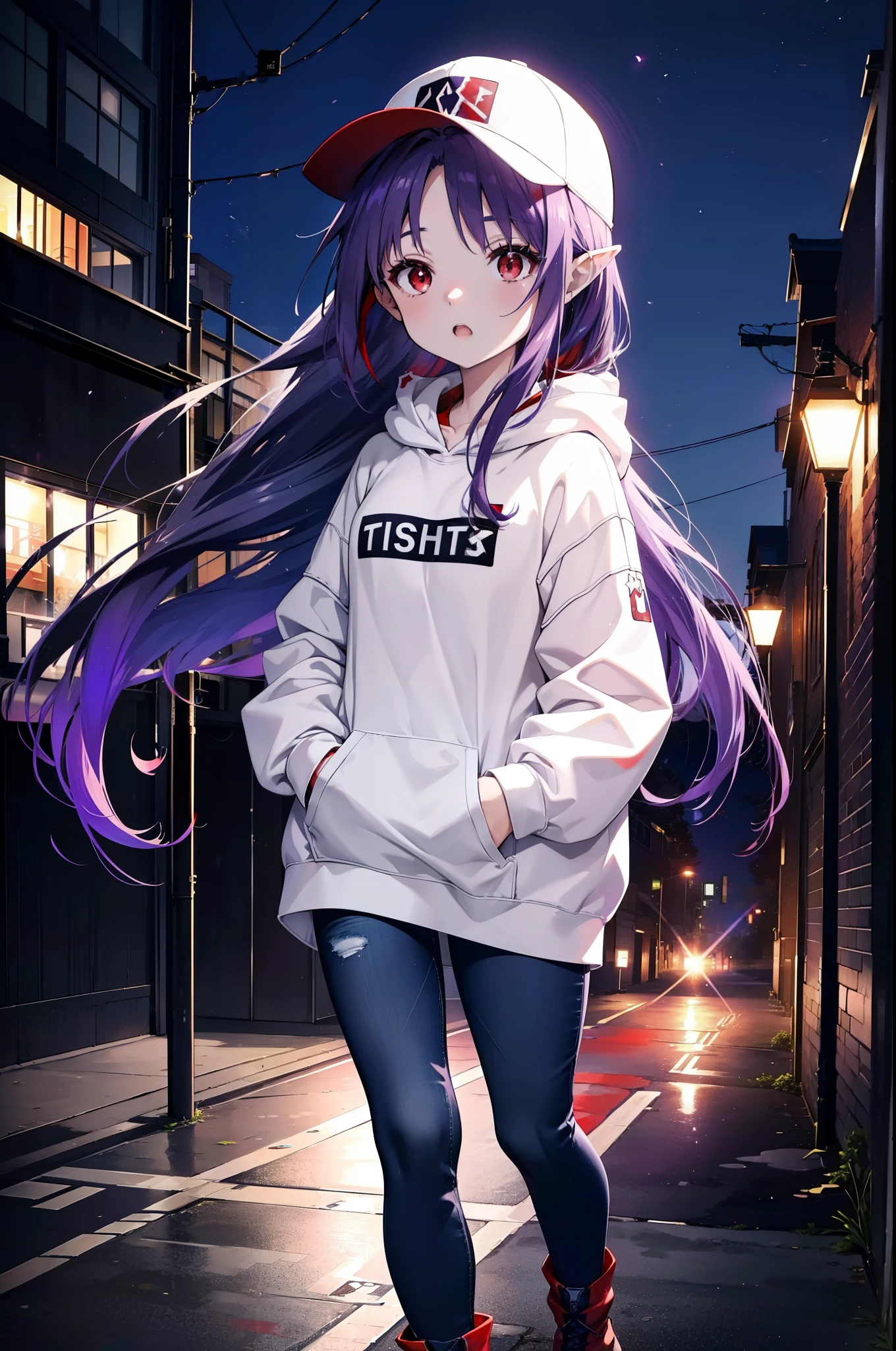 yuukikonno, Konno Yuuki,  Long Hair, Pointed Ears, Purple Hair, (Red eyes:1.5), (Small breasts:1.2), Open your mouth,Baseball hats,Oversized purple hoodie,jeans,Thick hem,boots,Walking,Graffiti wall,Daytime,Clear skies,Both hands are in the pockets of the hoodie、whole bodyがイラストに入るように,
break looking at viewer, whole body,
break outdoors, Alley,
break (masterpiece:1.2), Highest quality, High resolution, unity 8k wallpaper, (figure:0.8), (Beautiful attention to detail:1.6), Highly detailed face, Perfect lighting, Highly detailed CG, (Perfect hands, Perfect Anatomy),