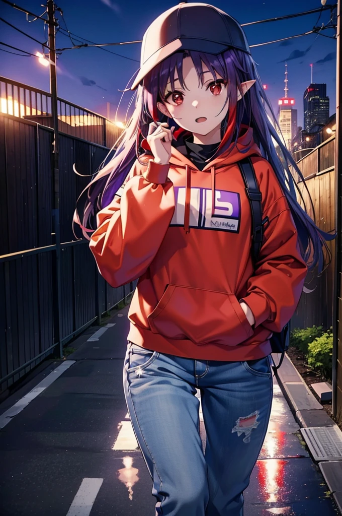 yuukikonno, Konno Yuuki, Long Hair, Pointed Ears, Purple Hair, (Red eyes:1.5), (Small breasts:1.2), Open your mouth,Baseball hats,Oversized purple hoodie,jeans,Thick hem,boots,Walking,Graffiti wall,Daytime,Clear skies,Both hands are in the pockets of the hoodie、whole bodyがイラストに入るように,
break looking at viewer, whole body,
break outdoors, Alley,
break (masterpiece:1.2), Highest quality, High resolution, unity 8k wallpaper, (figure:0.8), (Beautiful attention to detail:1.6), Highly detailed face, Perfect lighting, Highly detailed CG, (Perfect hands, Perfect Anatomy),