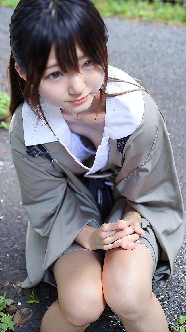 Highest quality, Ultra-high resolution, Highly detailed skin, Physically Based Rendering,Down blouse, Looking down,(((A Japanese girl leans forward, Crouching with legs spread and hands on the ground., looking at the ground、Very good, Small breasts, Nipples are visible, from the front))),(Japanese school girl uniform),(Beautiful background:1.2), (Cleavage), (White underwear)Long black hair, open-necked white blouse