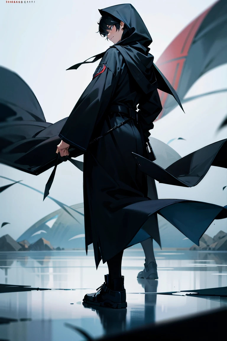 A black-haired boy wearing a black hoods stands and looks back. HD picture.