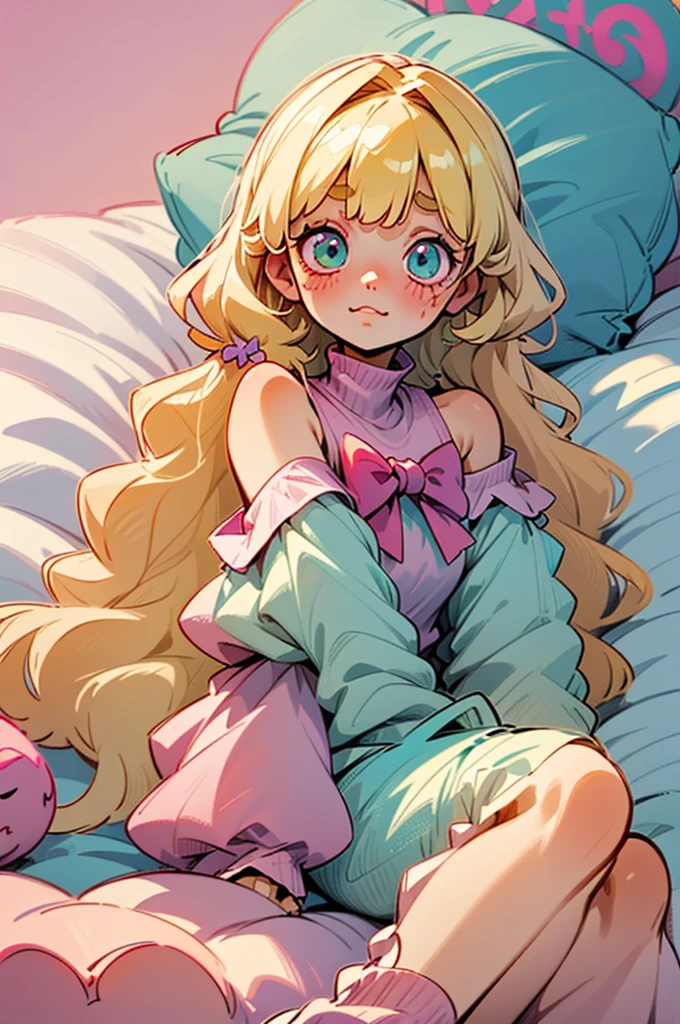 cute, happy, very long blonde hair, bangs, white bow in the back of hair, turquise eyes, big eyes, pink oversized off shoulder sweater, kawaii, comfy, white and pastel pink bedroom, lay down on bed, gamer, adorable, cuteness, shy, blush, closeup, twitter header, cozy, comfy, sleepy