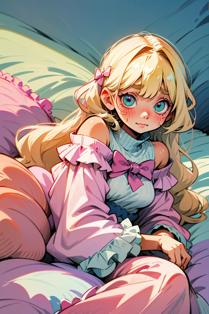 cute, happy, very long blonde hair, bangs, white bow in the back of hair, turquise eyes, big eyes, pink oversized off shoulder sweater, kawaii, comfy, white and pastel pink bedroom, lay down on bed, gamer, adorable, cuteness, shy, blush, closeup, twitter header, cozy, comfy, sleepy