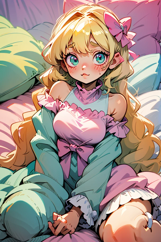 cute, happy, very long blonde hair, bangs, white bow in the back of hair, turquise eyes, big eyes, pink oversized off shoulder sweater, kawaii, comfy, white and pastel pink bedroom, lay down on bed, gamer, adorable, cuteness, shy, blush, closeup, twitter header, cozy, comfy, sleepy