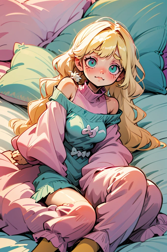 cute, happy, very long blonde hair, bangs, white bow in the back of hair, turquise eyes, big eyes, pink oversized off shoulder sweater, kawaii, comfy, white and pastel pink bedroom, lay down on bed, gamer, adorable, cuteness, shy, blush, closeup, twitter header, cozy, comfy, sleepy